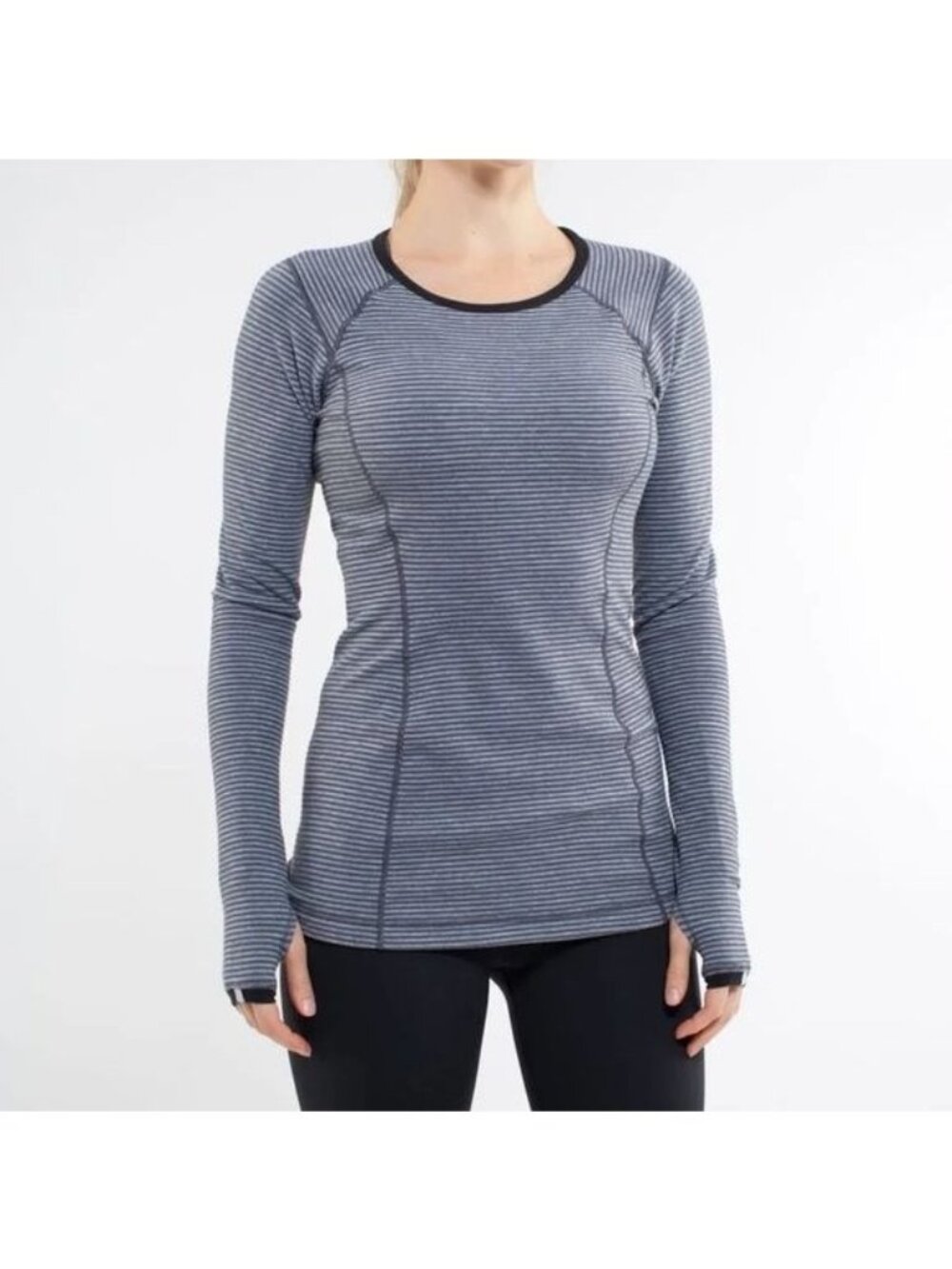 Lululemon Run Turn Around Long Sleeve Deep Coal/Gray Stripe Size 8 Rear Pocket